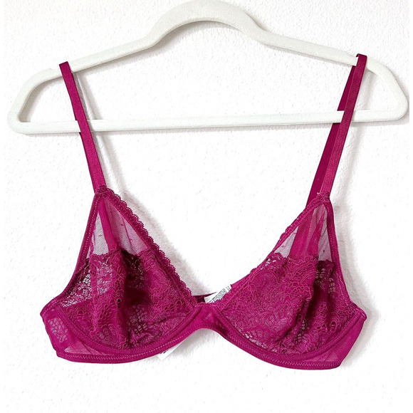 Intimately Free People Bra 36C Floral Lace Triangle Underwire Mesh Sheer Red - Picture 2 of 10